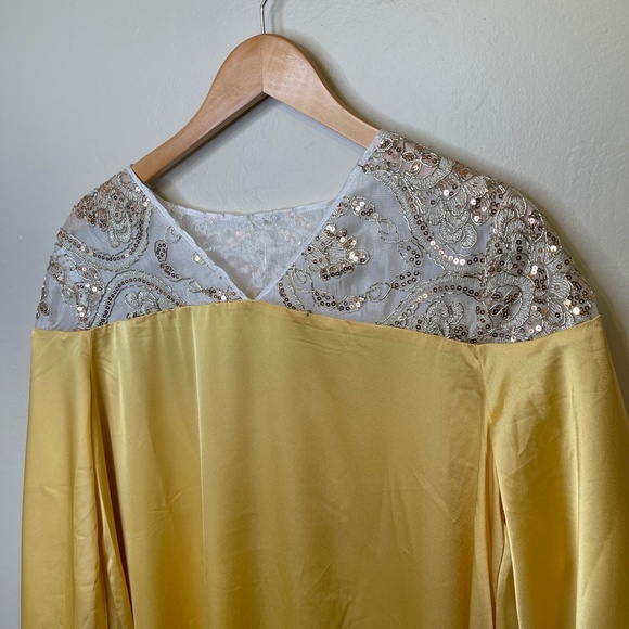 Shein | RARE Jewel Tone Golden Yellow Lace Sequins Bell Sleeve Kaftan Gown Dress - Picture 6 of 14